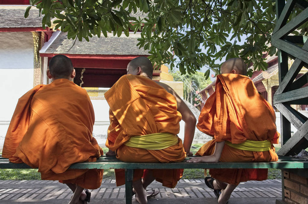 Thaiföld, Chiang Mai, fiatal buddhista szerzetesek pihenni egy padon - Fotó, kép