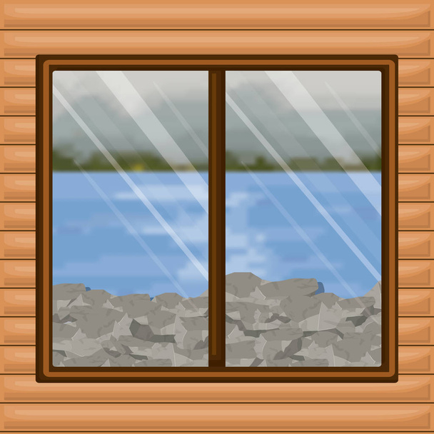 задний план интерьера деревянная каюта с размытой рекой со сценарными камнями за окном
 - Вектор,изображение