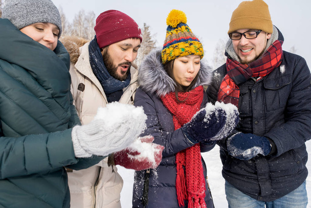 Retrato de cuatro jóvenes amigos divirtiéndose al aire libre en el día de invierno sosteniendo puñados de nieve jugando a la pelea de bolas de nieve
 - Foto, imagen