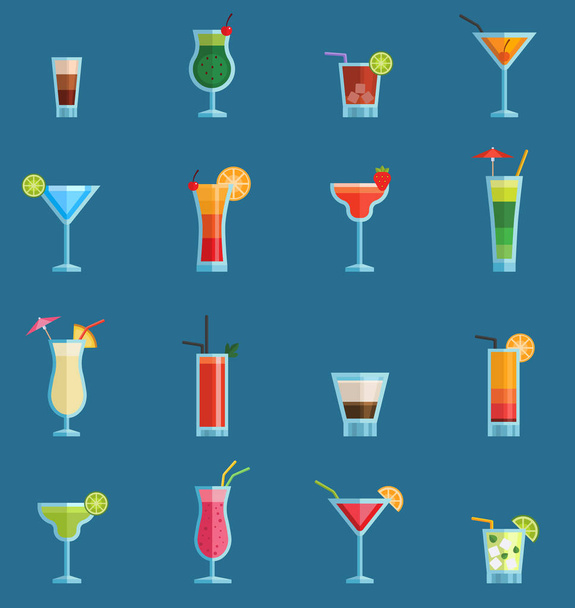 Alcoholic cocktails drinks vector fruit cold cosmopolitan, b-52, mohito, vodka freshness alcohol collection and party sweet tequila night club recipes illustration isolated - Wektor, obraz