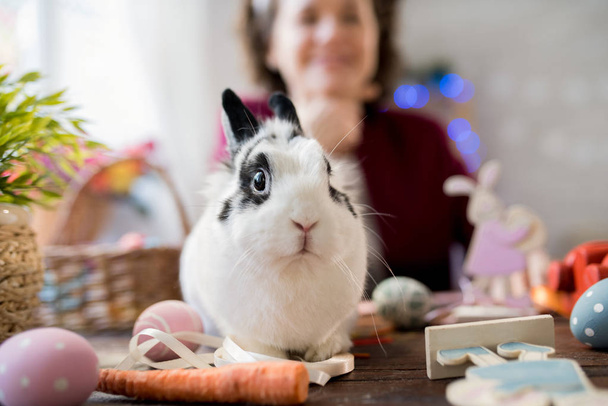 Portrait of black and white bunny sitting on wooden table decorated for Easter with happy young woman in background, copy space - Fotó, kép