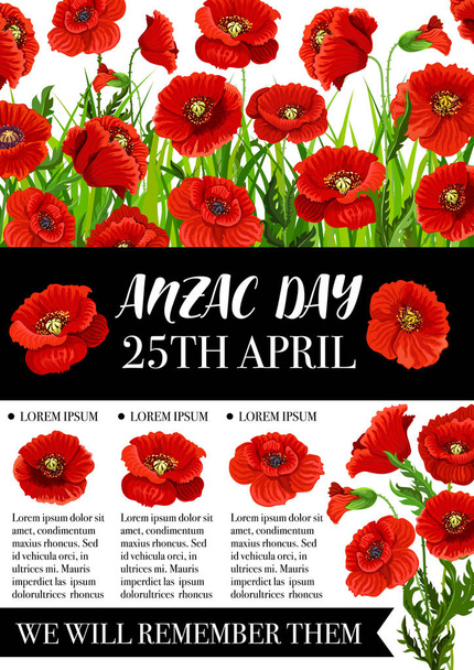 Anzac Day memorial banner with red poppy flower - Vector, Image