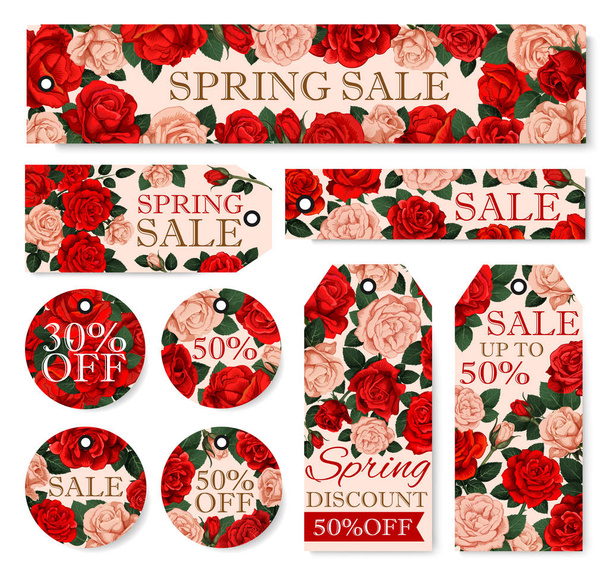 Spring season sale tag and label with rose flower - Vector, Image