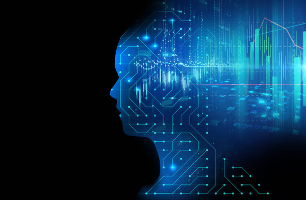 silhouet van virtuele mens op circuit patroon technologie 3d ziek - Foto, afbeelding
