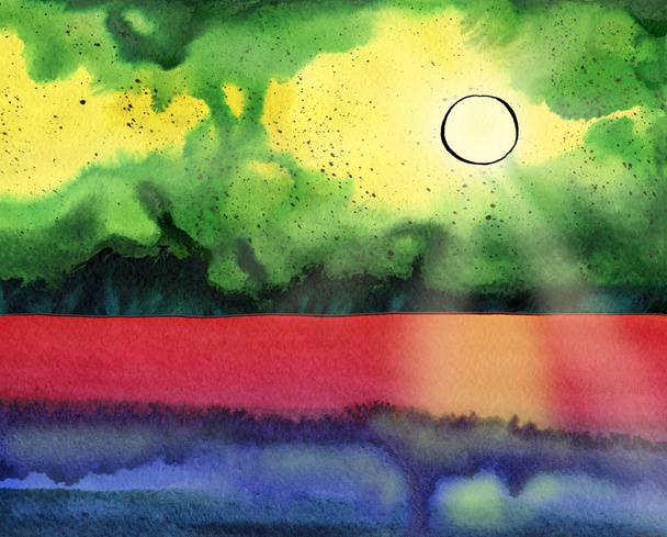 Fantasy watercolor seascape with the sun, sunbeams and skyline - Фото, изображение