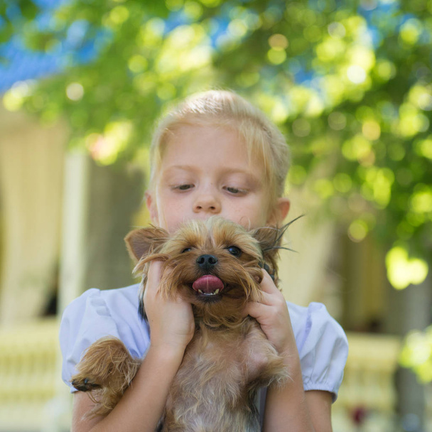 petite fille tenant un chien - Photo, image
