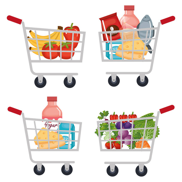 Einkaufswagen mit Lebensmitteln im Supermarkt - Vektor, Bild