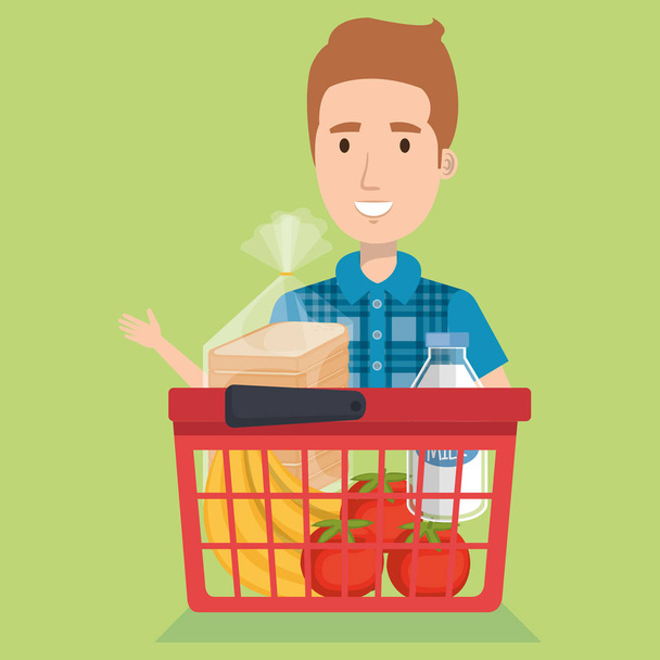 ショッピング食料品のバスケットを持つ消費者 - ベクター画像