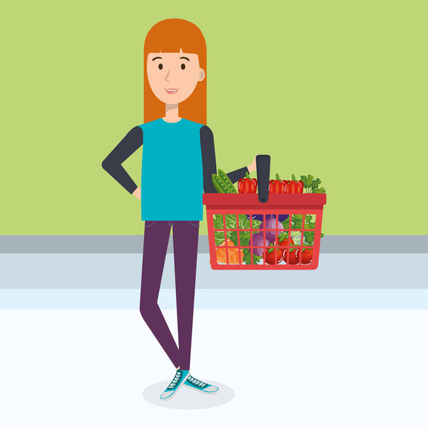 consumer with shopping basket of groceries - Vector, Image