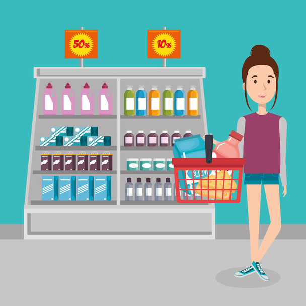 ショッピング食料品のバスケットを持つ消費者 - ベクター画像