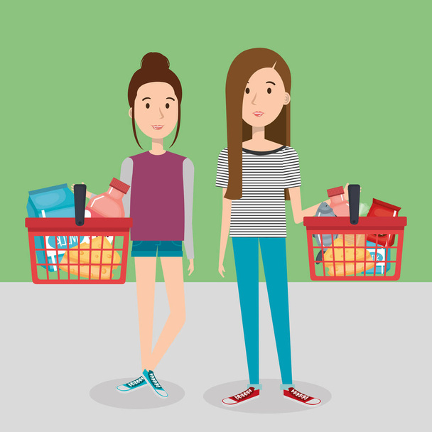 consumers with supermarket basket of groceries - Vector, Image
