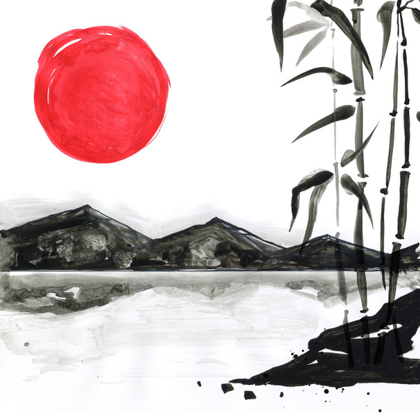 Bamboo in Japanese style. Watercolor hand painting illustration - Photo, Image