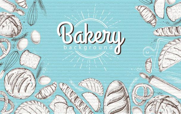 Bakery background. Top view of bakery products on cardboard background - ベクター画像