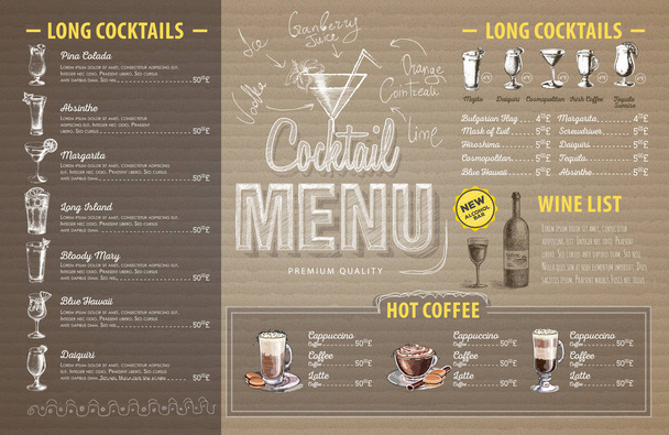 Vintage cocktail menu design on cardboard. Restaurant menu - Vector, Image