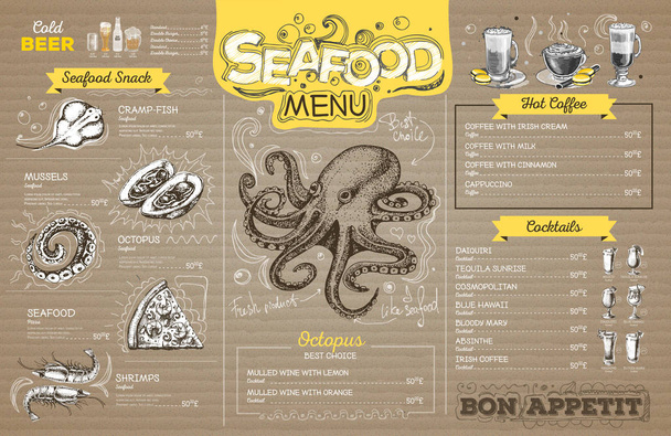 Vintage seafood menu design on cardboard. Restaurant menu - Vector, Image