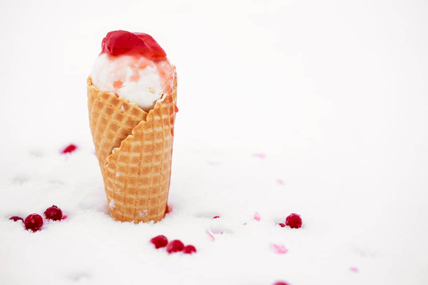 zmrzlina v oplatkovém kornoutku s červených bobulí rybízu ve sněhu - Fotografie, Obrázek