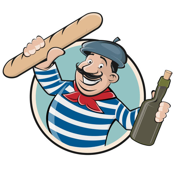 baget ve şarap ile Fransız bir adamın komik clipart - Vektör, Görsel