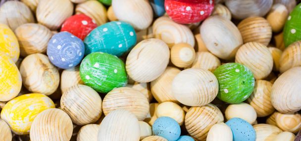 Easter horizontal background with wooden eggs - Photo, Image