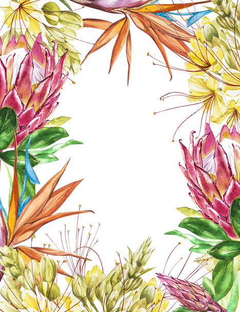Tropical blank for text. Watercolor Protea, Caesalpinia and Strelitzia flowers. Perfect for invitation, wedding or greeting cards. - Zdjęcie, obraz