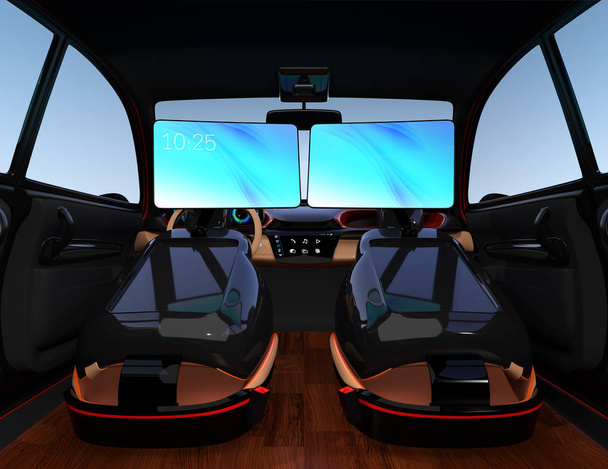 Ηλεκτρικό αυτο-οδήγηση Suv αυτοκινήτων εσωτερική διακόσμηση. Χρήστης μπορεί να έχει το βίντεο συνάντηση με οθόνες στα μπροστινά καθίσματα. Ιδέα για νέο επιχειρηματικό στυλ εργασίας στο αυτοκίνητο. εικόνα απόδοση 3D. - Φωτογραφία, εικόνα