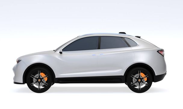 Vista lateral do carro conceito SUV elétrico branco isolado no fundo cinza claro. Imagem de renderização 3D
.  - Foto, Imagem