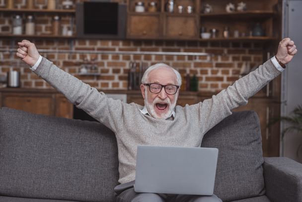 Heureux homme aux cheveux gris regardant sur ordinateur portable à la maison et célébrer gagner un pari avec un jeu, pari de football, jeu de sport
 - Photo, image
