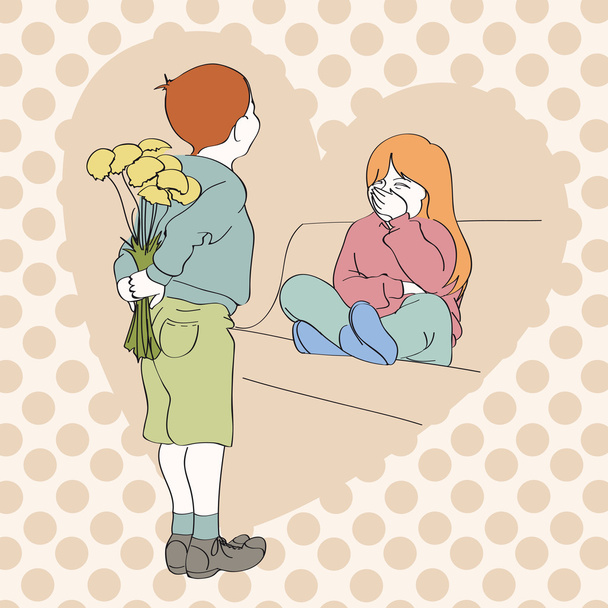 Boy giving a bouquet to girl. Vector illustration. - Vector, Image