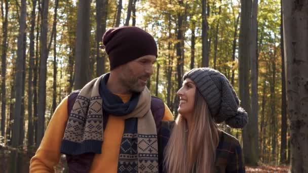 Affectionate couple talking and walking in forest - Footage, Video
