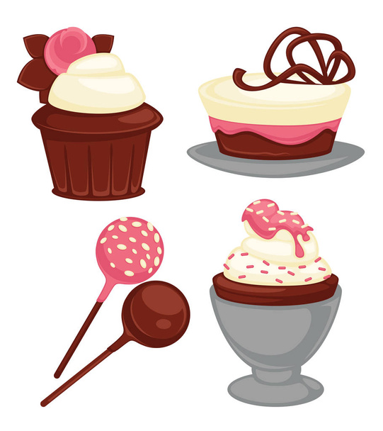 Delicious desserts with chocolate and strawberry jam set. Tasty cupcake with cream rose, tender cake, round lollipops and vanilla ice cream on biscuit isolated cartoon flat vector illustrations. - Вектор,изображение