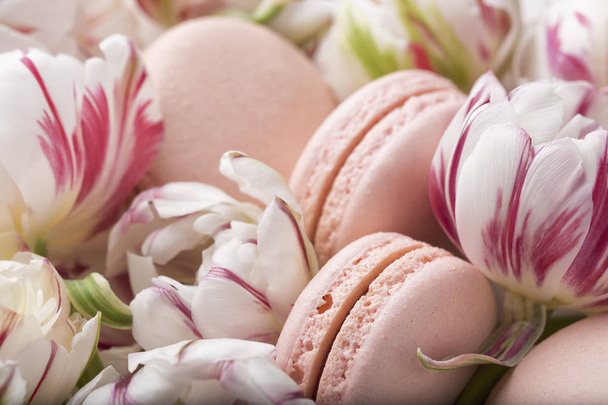 Cake macaron or macaroon and tulips, pastel colors, soft focus - Zdjęcie, obraz