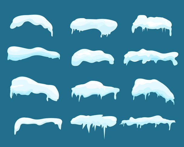 Conjunto de ilustración vectorial de marcos vectoriales de nieve y hielo. Gorras de nieve de invierno, ventisqueros y carámbanos en estilo plano de dibujos animados
. - Vector, Imagen