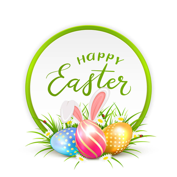 Card and Easter eggs with rabbit ears in grass - Vector, imagen