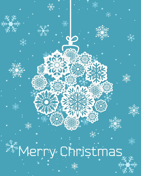 Векторная иллюстрация рождественской открытки со снежинками на светло-голубом фоне в плоском стиле. Веселый рождественский текст
. - Вектор,изображение