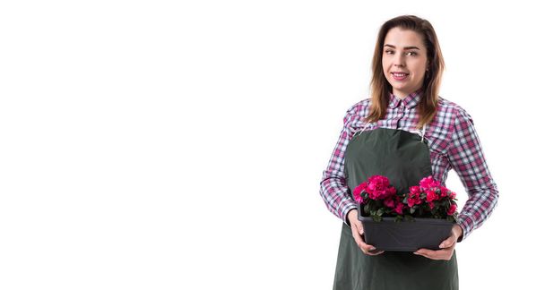 portrait of smiling woman professional gardener or florist in apron holding flowers in a pot isolated on white background. Copy space - Valokuva, kuva