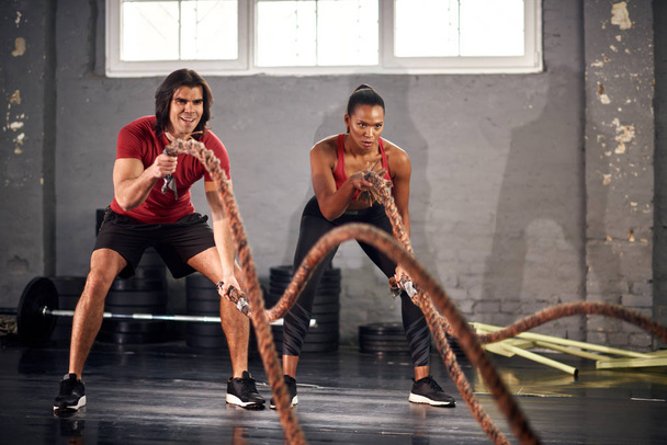 Man and woman working out with ropes in gym - Foto, Imagem