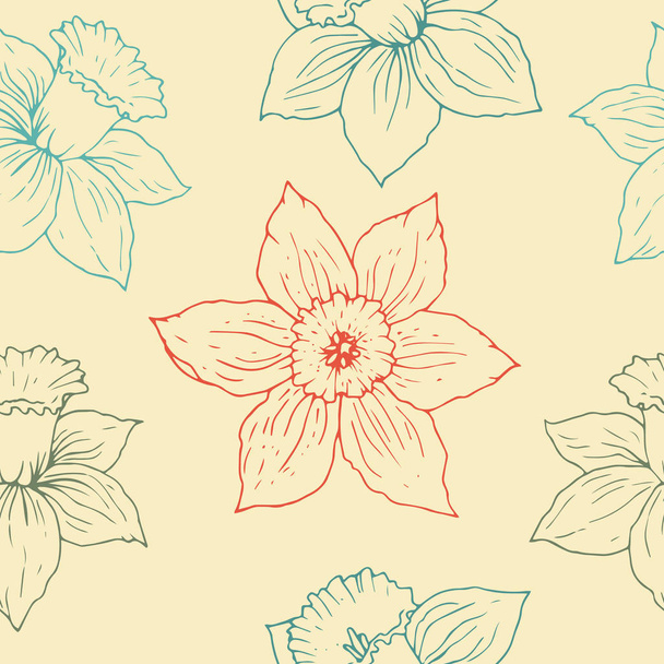Daffodil flower vintage vector seamless pattern - Vetor, Imagem