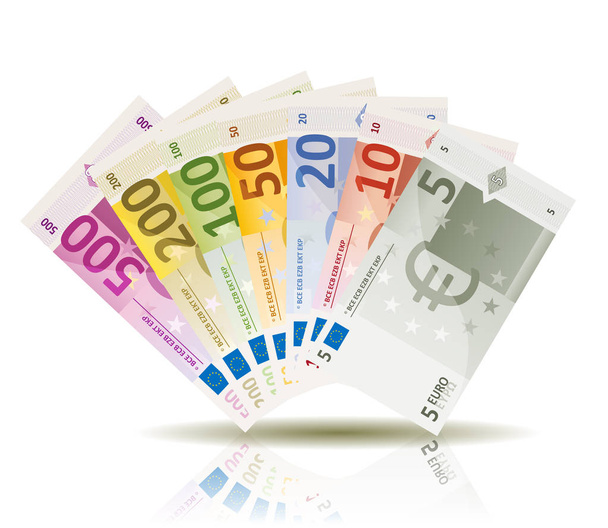 aantal valse euro rekeningen valuta exemplaar, met een bedrag van vijf tot vijfhonderd - Vector, afbeelding