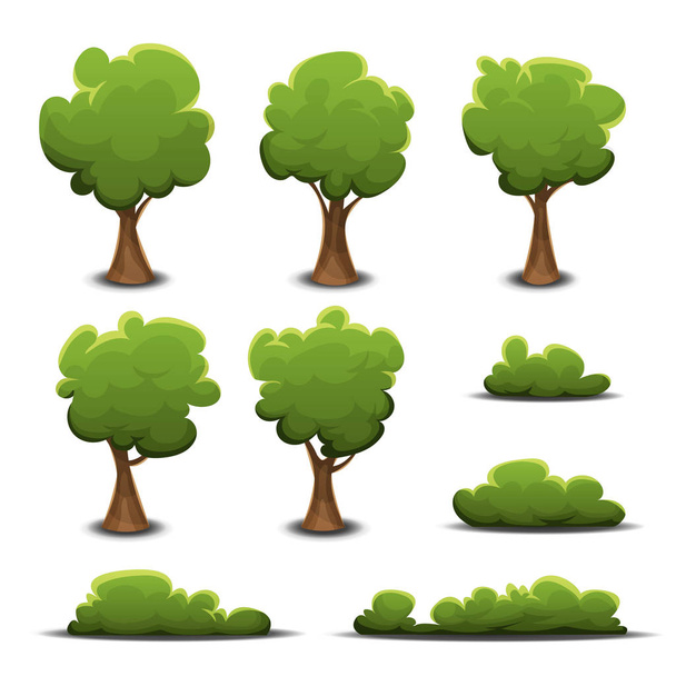 set of cartoon design green forest trees and bushes on white background - Vector, Image