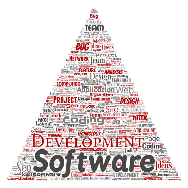 Conceptual software development project coding technology triangle arrow  word cloud isolated background.  - Vector, Image