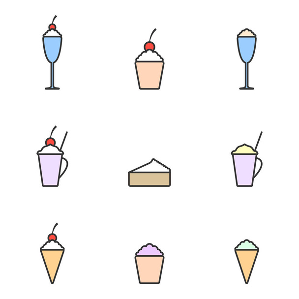 Reihe von farbigen Symbolen Eiscreme lineare Kunst. Dessertspeise, süß und kalt, Vektorillustration. Karikatur - Vektor, Bild