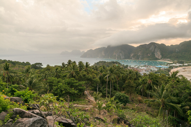 schöne malerische Aussicht auf grüne Pflanzen und bewölkten Himmel, Phi Phi Inseln - Foto, Bild