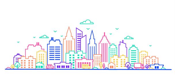 City landscape. Thin line City landscape in neon glow vivid colors.. Downtown landscape with high skyscrapers. Panorama architecture Goverment buildings Isolated outline illustration. Urban life - Vector, imagen