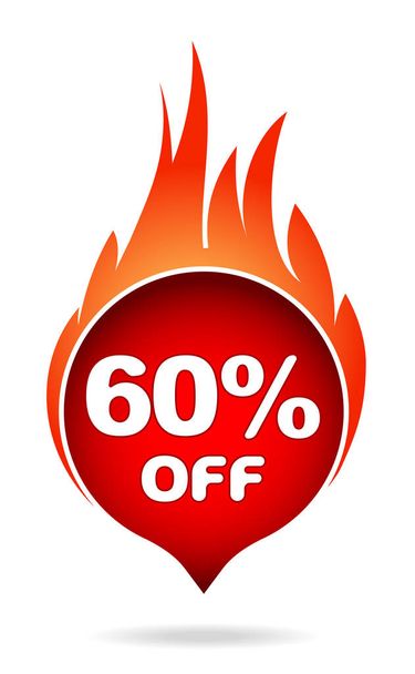 60 percent off red blazing speech bubble, sticker, label or icon with shadow and flame for your design. - Vector, afbeelding