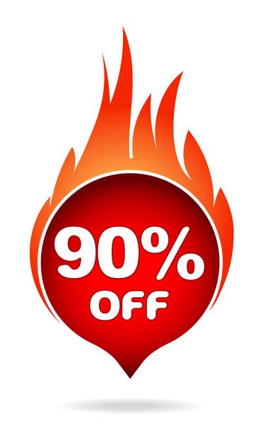 90 percent off red blazing speech bubble, sticker, label or icon with shadow and flame for your design. - Vector, afbeelding