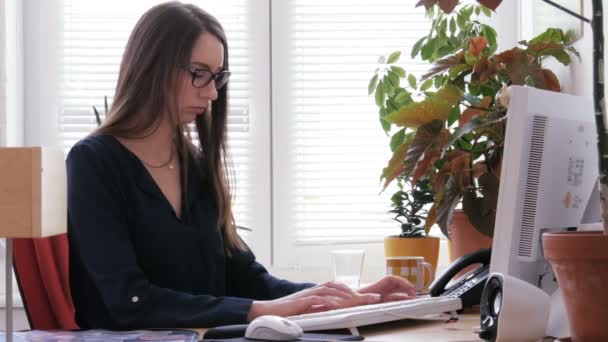 junge attraktive Geschäftsfrau arbeitet am Desktop-Computer in einem Büro - Filmmaterial, Video