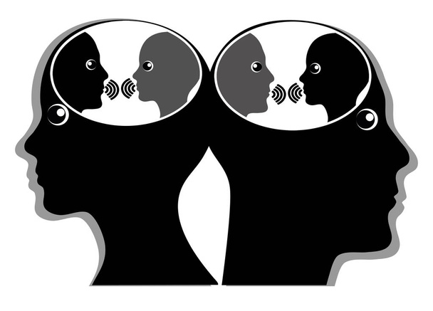 Vnitřní diskurzu nebo vnitřní dialog. Muž a žena komunikovat s jejich vnitřní hlasy v hlavě - Fotografie, Obrázek
