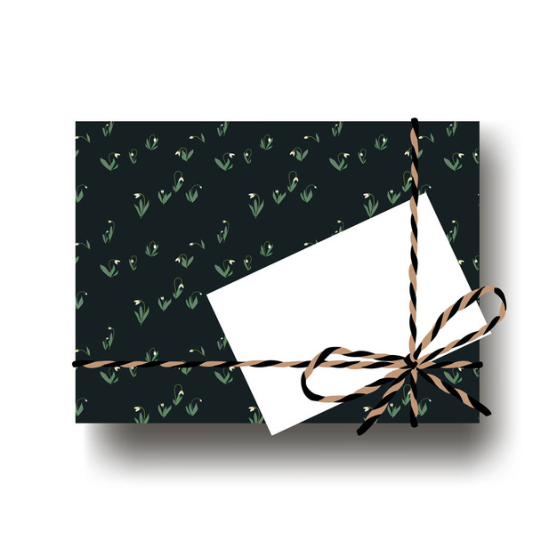 Hand drawn snowdrops gift present box with tied string bow and blank note. Wrapping diy idea. Vector illustration. Top view - Vector, Image