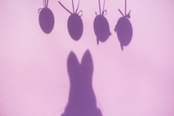 Shadow of easter eggs, and easter bunny, pink background - Photo, Image