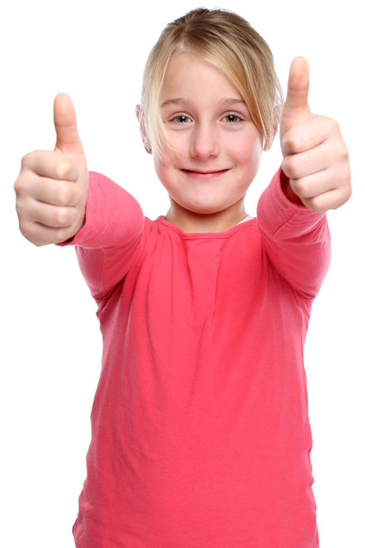 Дівчинка дитина усміхається молодий успіх великі пальці вгору ізольовані на білому
 - Фото, зображення