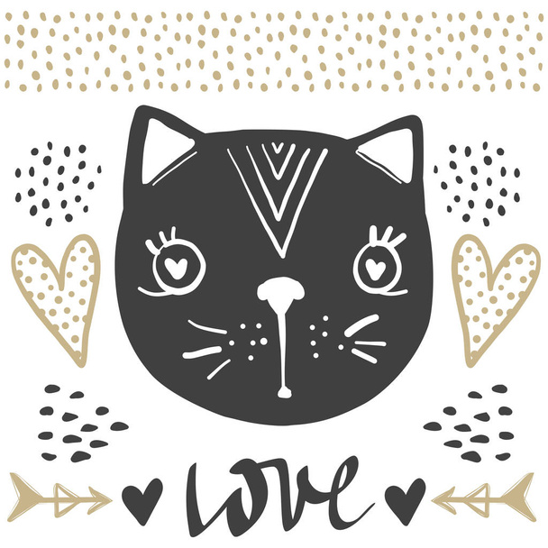 Cat vector. Cartoon doodle character. Love, hearts, arrows. - Vector, Image